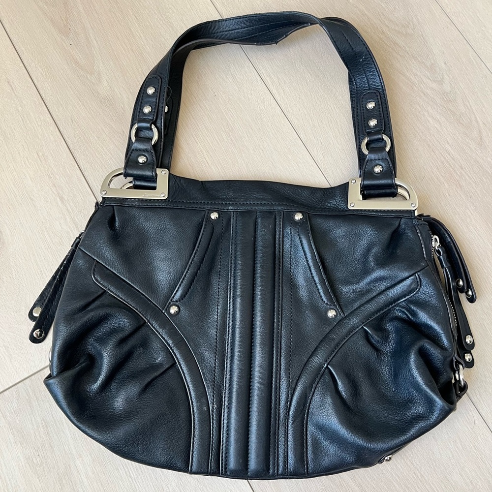 B. Makowsky Black Leather Pants Shoulder Bag Purse